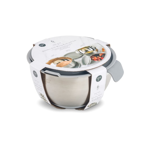 Core Kitchen 6pc Essentials Non-Skid SS Mixing Bowls w/ Lids Set - 1.5qt, 3qt, 5qt - Pewter 36048 - main